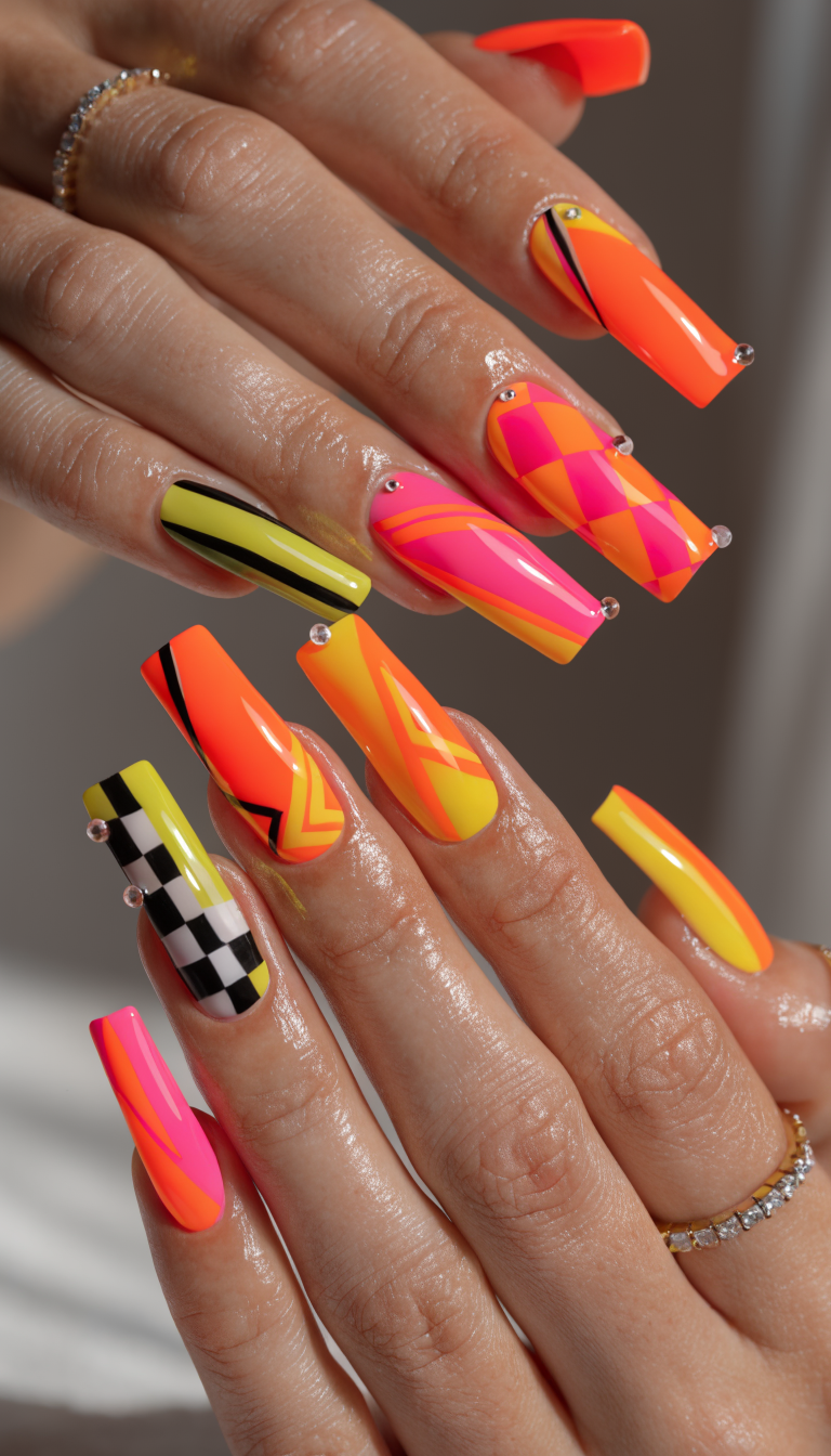 11 Stunning Neon Nail Designs to Brighten Your Look 8 Colorful neon nail art design featuring various patterns and colors.