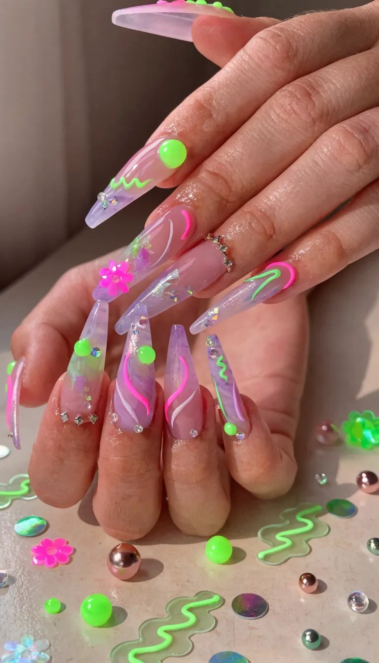 11 Stunning Neon Nail Designs to Brighten Your Look 2 A close-up of neon nail designs featuring bright colors and decorative accessories.