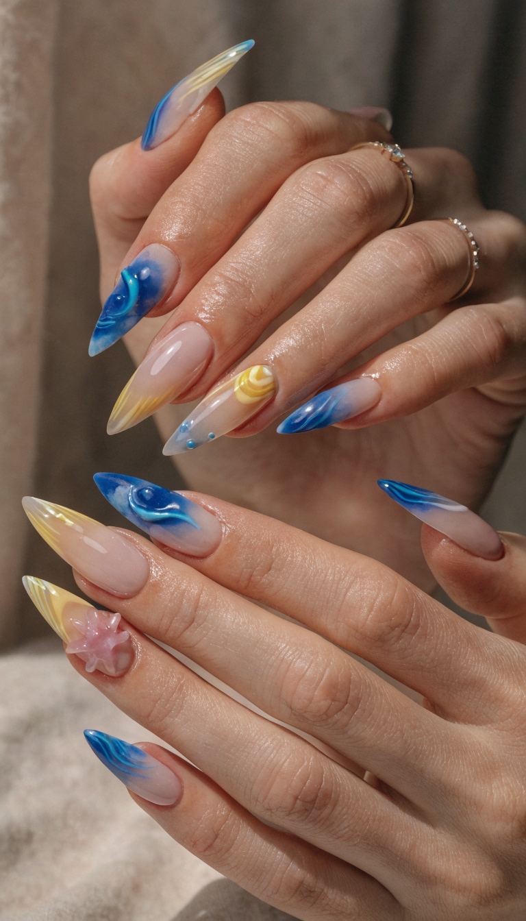 Colorful beach-themed ombre nails with blue and yellow hues, featuring designs like waves and a starfish.