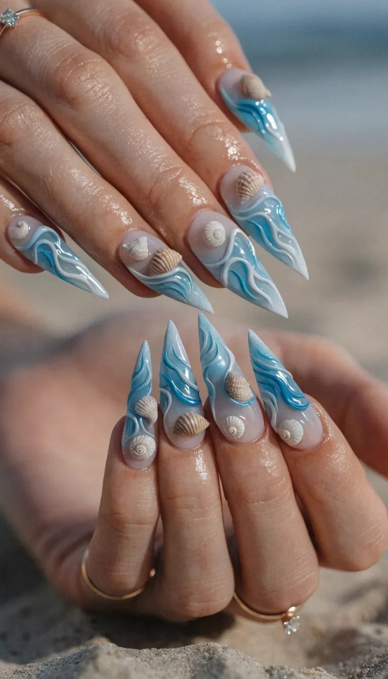 Close-up of nails designed with ocean wave patterns and decorative shells
