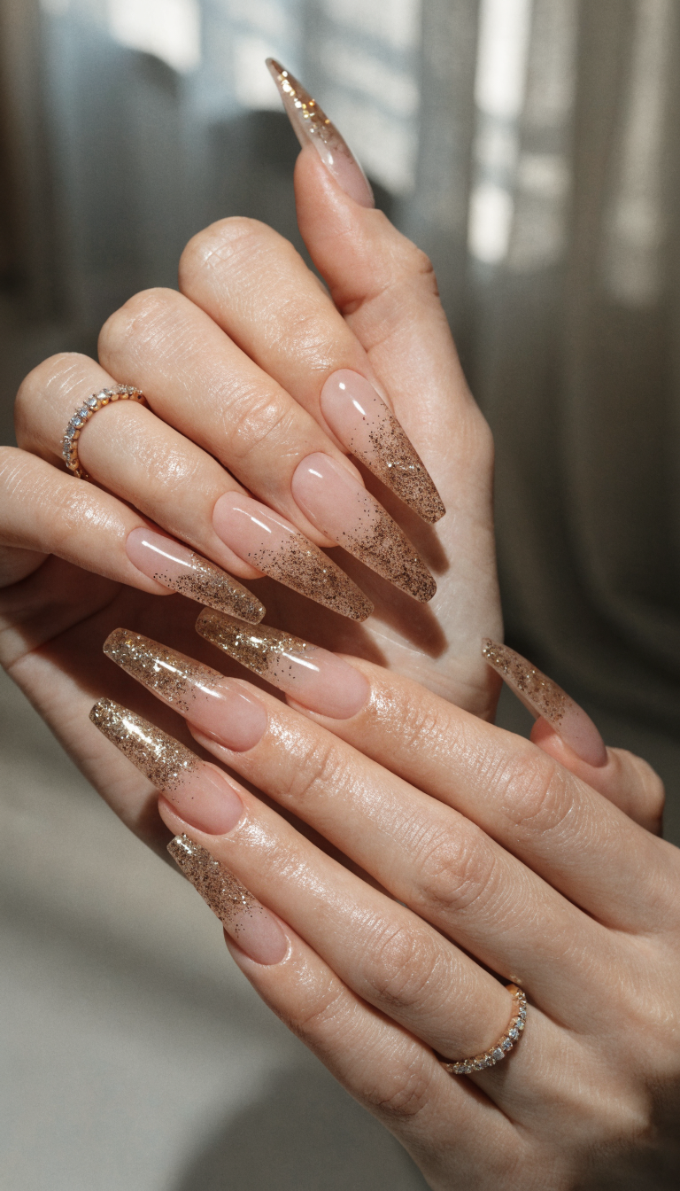 Hands showcasing beautiful sun-kissed gold glitter tip nails with rings.