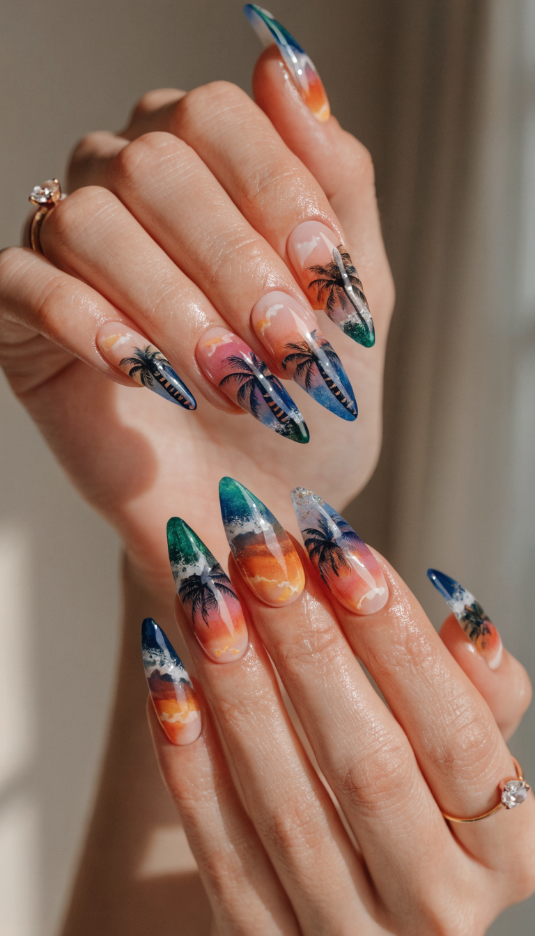 Nail art featuring tropical sunset designs with palm trees.