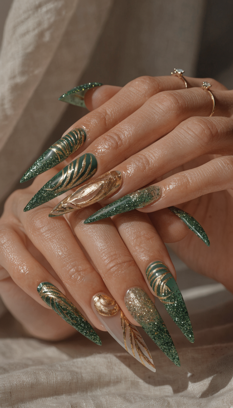 Close-up of stylish nails featuring palm leaf patterns and glitter, showcasing a tropical vacation vibe.