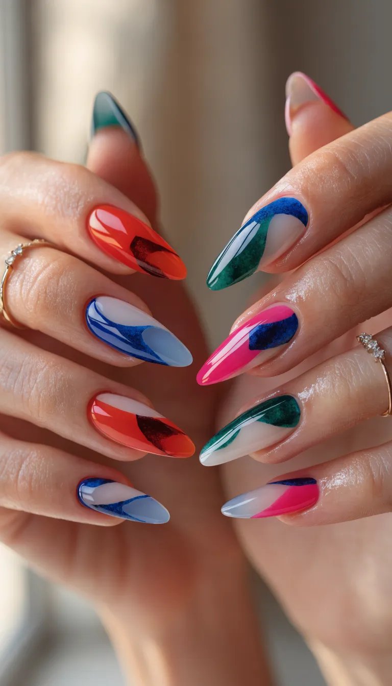 12 Classy Nail Designs for Every Occasion 3 Artistic negative space nails featuring colorful designs and intricate patterns.