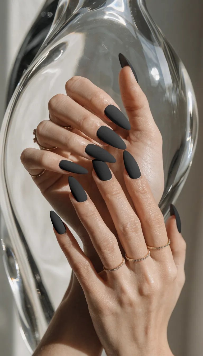 12 Classy Nail Designs for Every Occasion 4 Hands with chic matte black nails and delicate rings