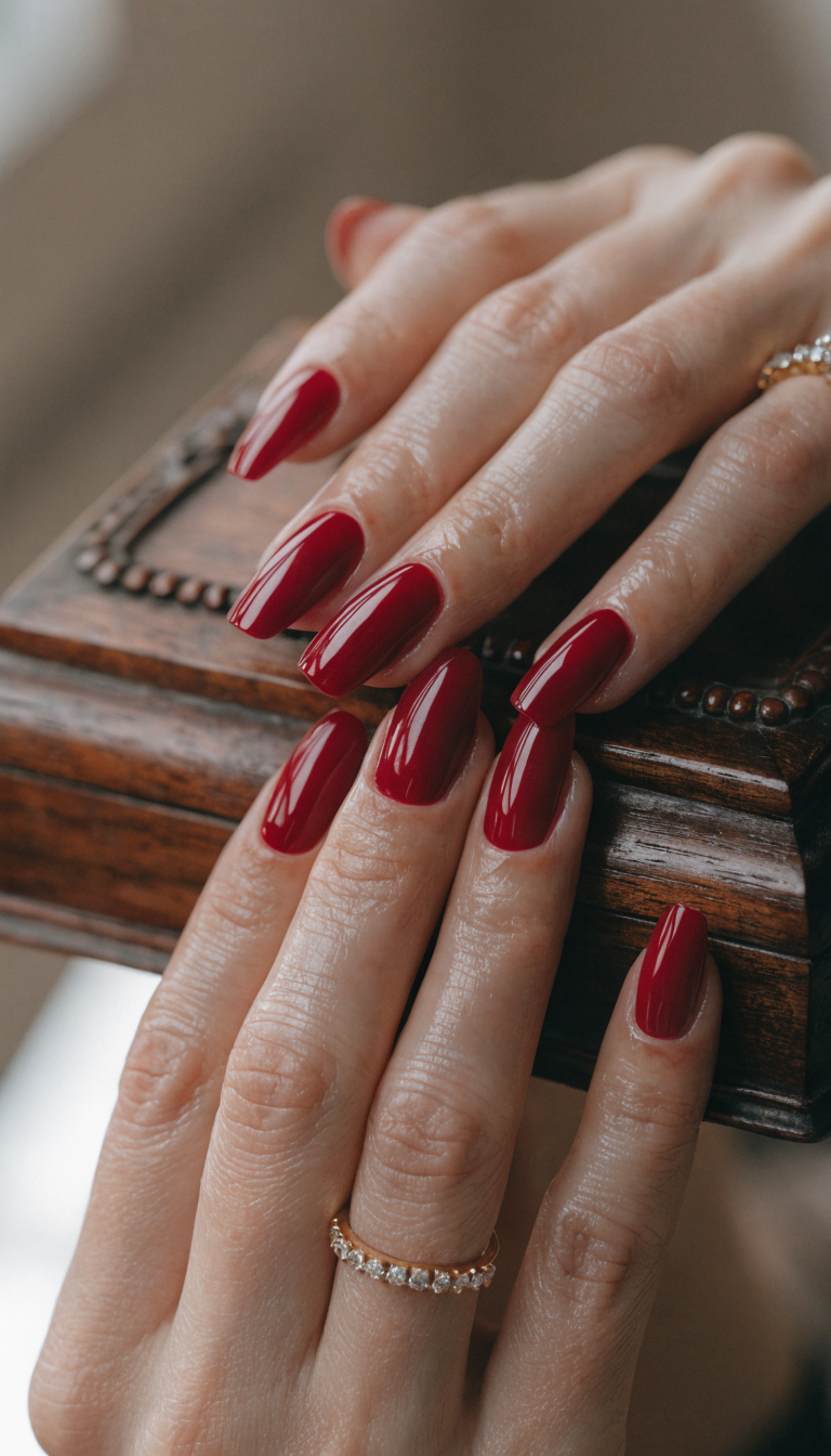 12 Classy Nail Designs for Every Occasion 10 Hands with classic red nails resting on a wooden box.