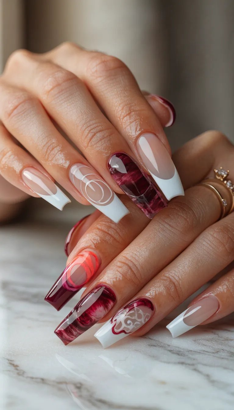12 Classy Nail Designs for Every Occasion 8 Elegant nails featuring a modern French manicure with dark red colors and artistic designs.