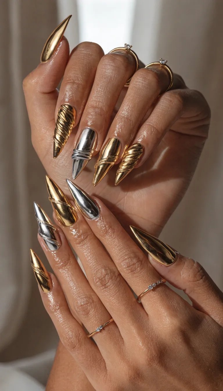 12 Classy Nail Designs for Every Occasion 5 Close-up of beautifully designed metallic nails in gold and silver, showcasing sharp shapes and unique textures.
