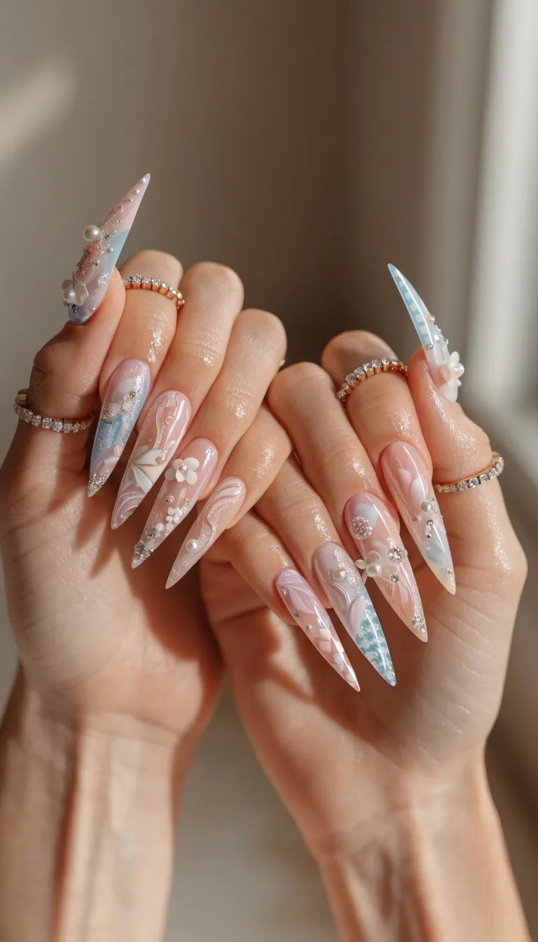 12 Classy Nail Designs for Every Occasion 2 Intricate nail art showcasing pastel colors, floral designs, and gems on long nails.