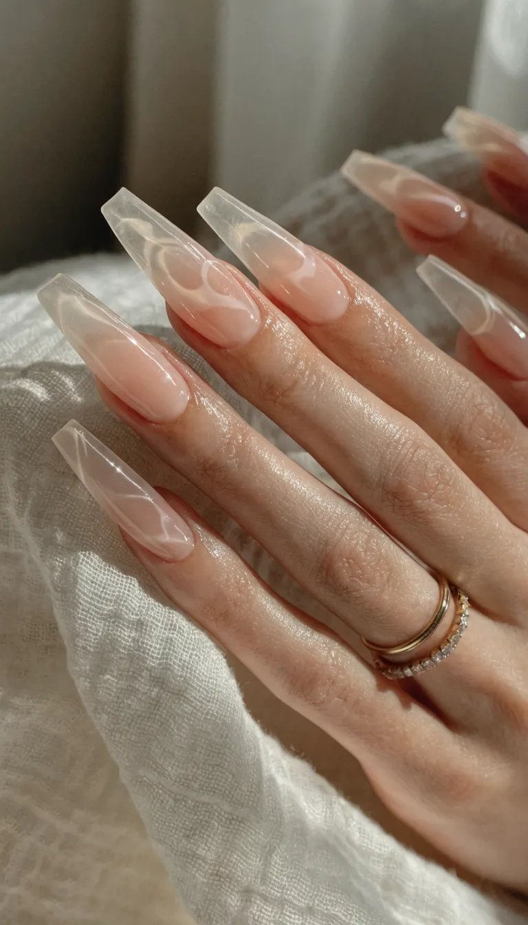 12 Classy Nail Designs for Every Occasion 6 A close-up of elegantly manicured nude nails with long, clear tips and delicate jewelry.