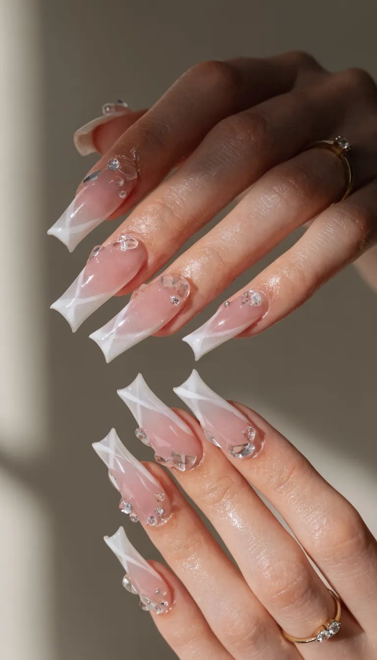 12 Classy Nail Designs for Every Occasion 9 Close-up of elegant ombre nails with pink and white polish, decorated with gemstones.