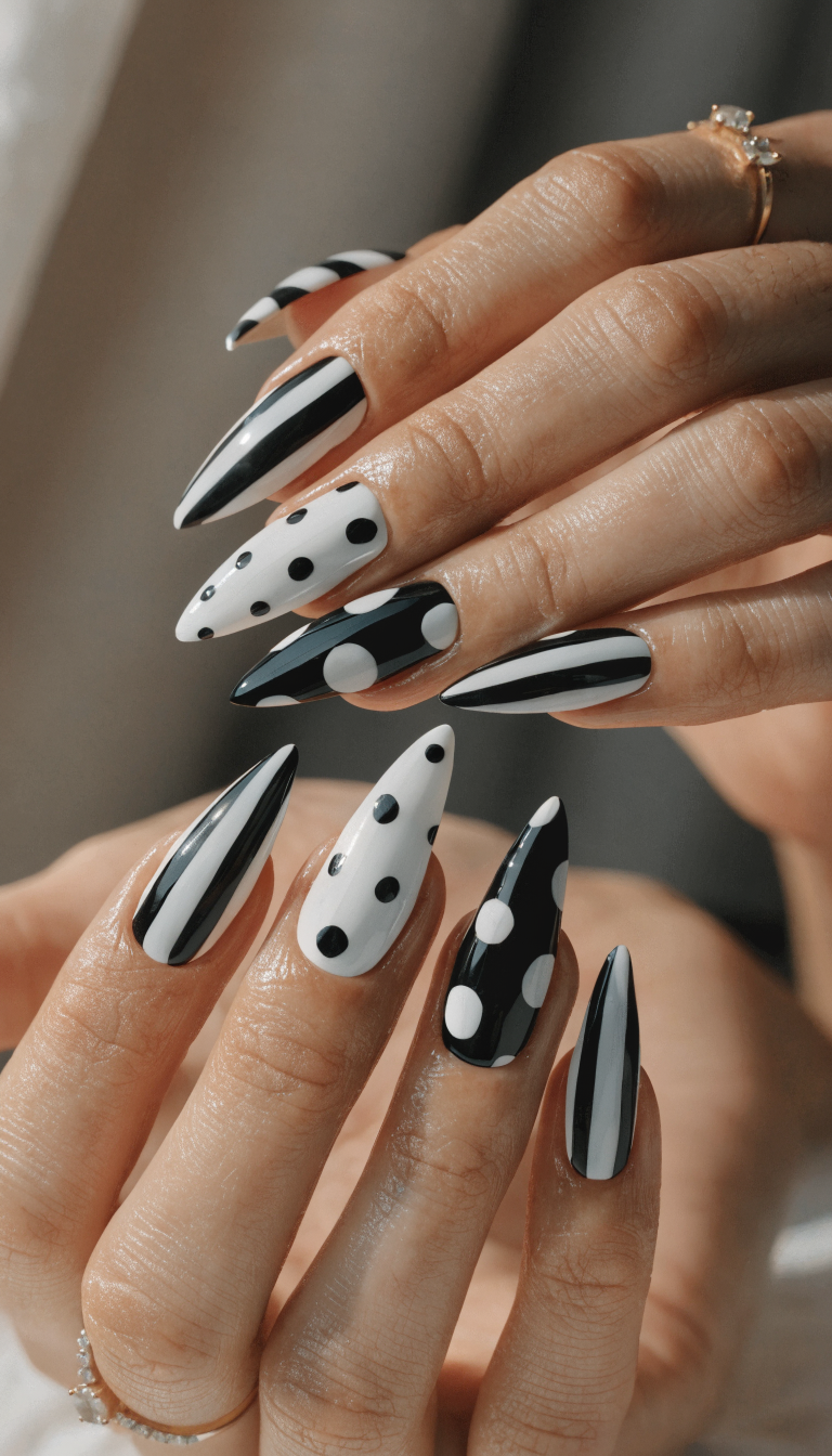 12 Classy Nail Designs for Every Occasion 12 An elegant set of black and white nails featuring a mix of stripes and polka dots.
