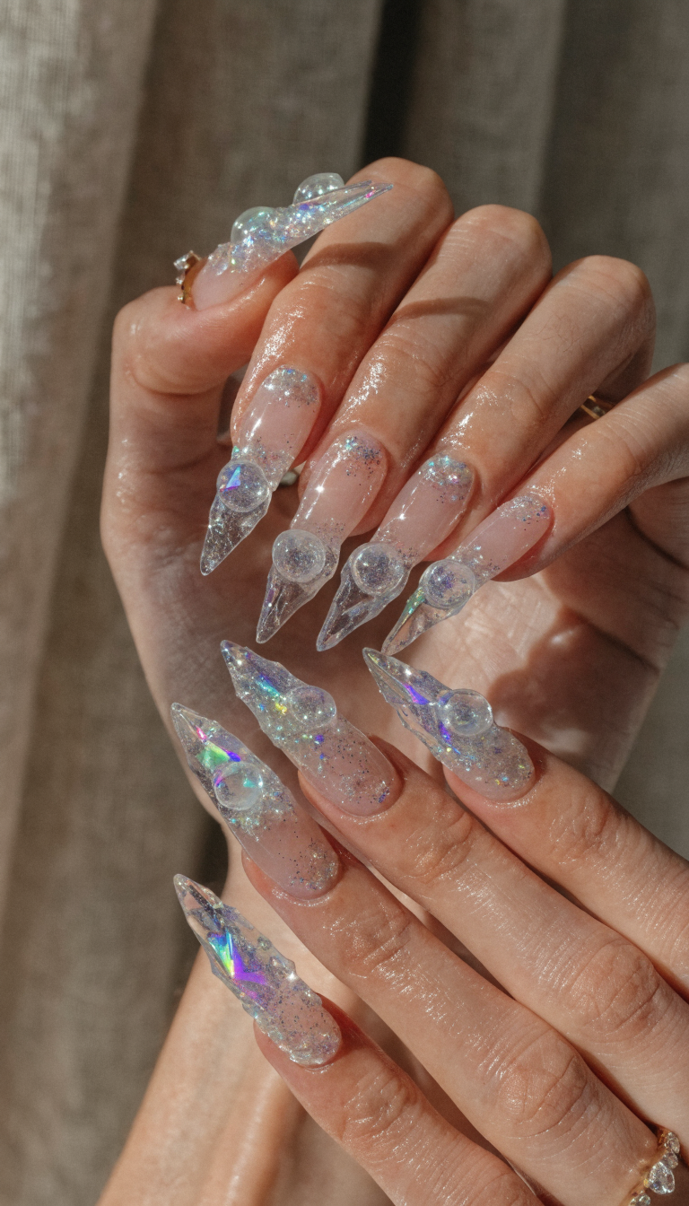 12 Classy Nail Designs for Every Occasion 11 A close-up view of long, glittery nails with a clear base and unique 3D elements.