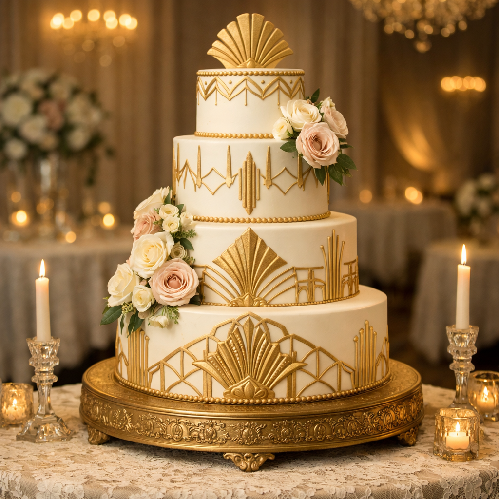 A beautifully designed three-tiered wedding cake with gold accents and fresh flowers, perfect for a 1920s wedding theme.