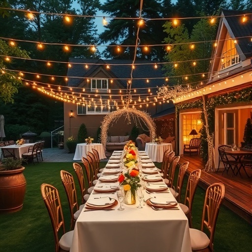 A beautifully arranged outdoor wedding party with string lights and tables set for guests.