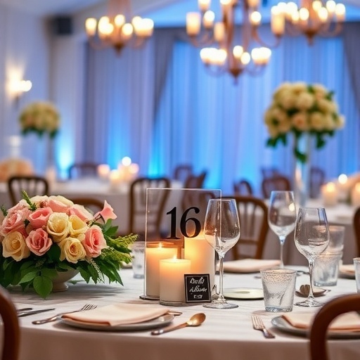A elegant wedding table setting with acrylic table number sign and beautiful floral centerpiece.