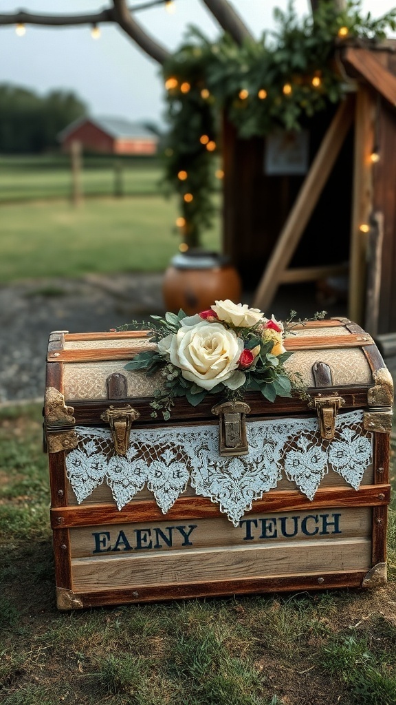 A beautifully decorated vintage trunk with lace and flowers