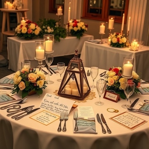 A beautifully set table for a romantic wedding with floral arrangements, candles, and personalized details.
