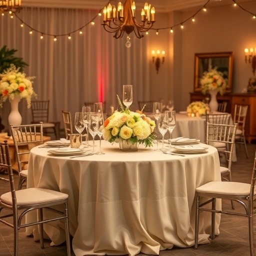 Elegant wedding table setting with simple linens and floral arrangements.