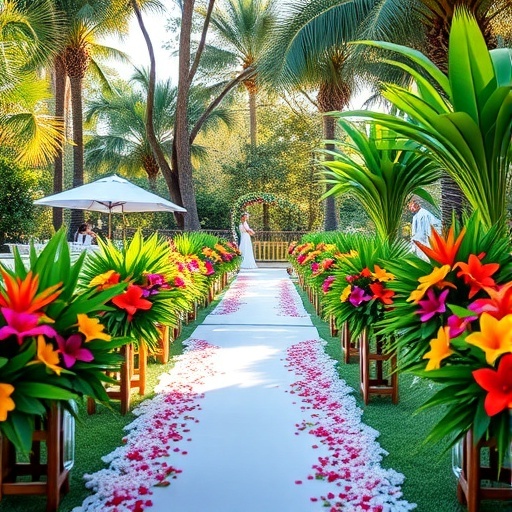 A wedding aisle adorned with tropical floral arrangements and greenery.