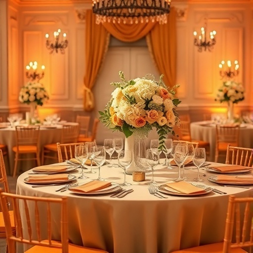 Elegant wedding reception decor featuring tables set with amber gold and salmon colors, floral arrangements, and chandeliers.