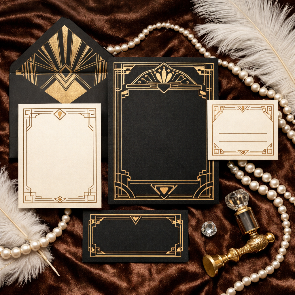 Elegant Art Deco wedding invitations laid out with pearls and a feather