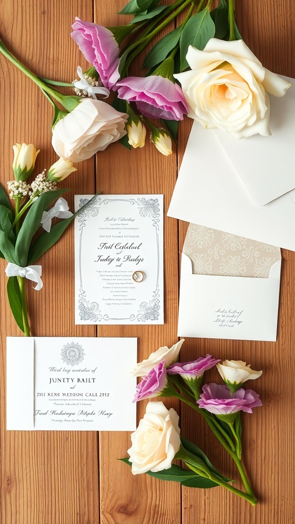 Artistic flat lay of wedding details including flowers, invitation, and rings on wooden surface.