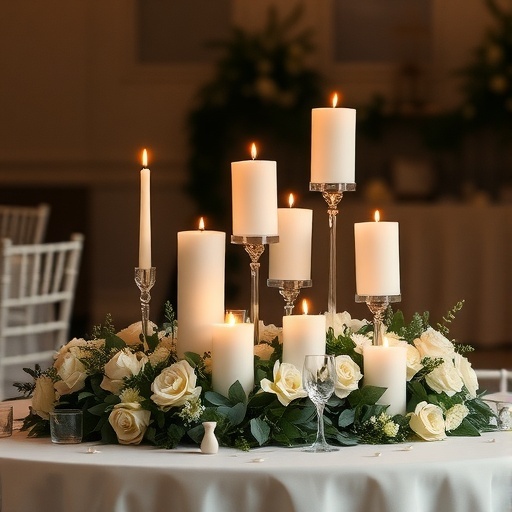 A beautifully arranged sweetheart table with assorted pillar candles and white roses.