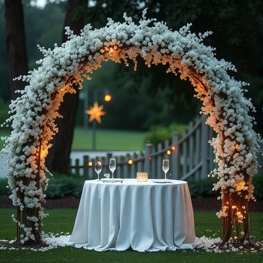 A romantic sweetheart table under a whimsical baby's breath arch adorned with warm lights.