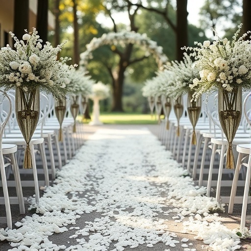 A wedding aisle decorated with baby's breath arrangements and flower petals.