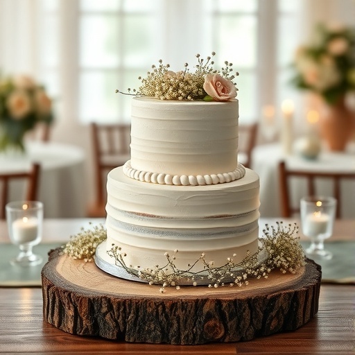 A wedding cake decorated with baby’s breath flowers on a wooden table
