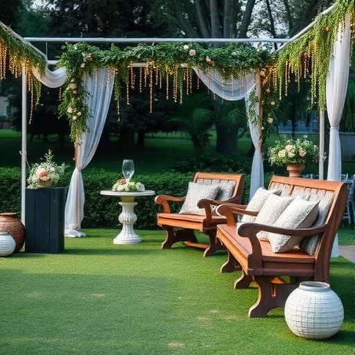 Cozy bench seating decorated with cushions, under a beautiful floral canopy in an outdoor setting.