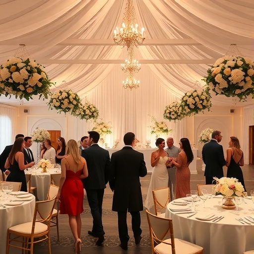 Elegant wedding reception with chandeliers and floral arrangements.