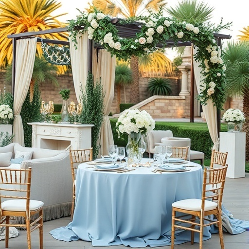 A wedding setup featuring blue-gray tablecloths, brass decorations, and ivory floral arrangements.