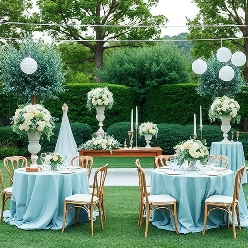 A wedding setup featuring blue, green, and white color scheme with tables, flowers, and decorations.