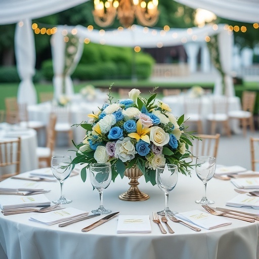 A beautifully arranged table setup featuring a blue, white, and yellow floral centerpiece, alongside elegantly set glassware and cutlery.