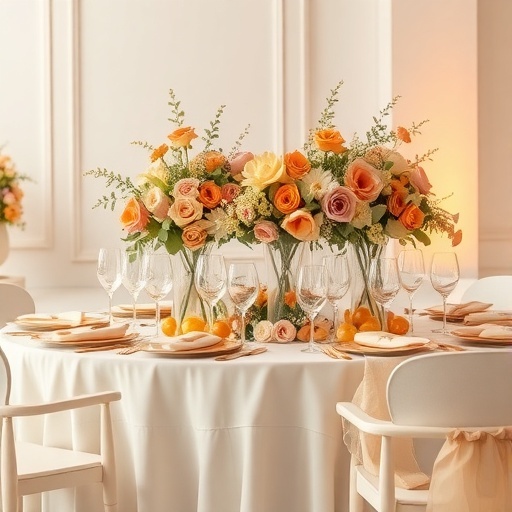 Wedding table setting with blush, mustard, and amber floral arrangements.