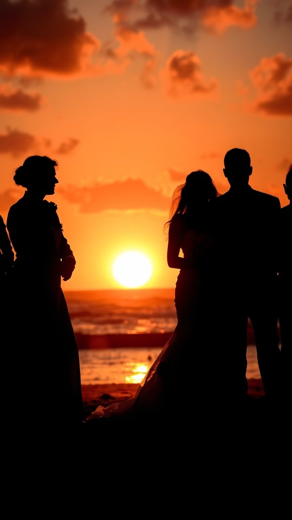 Bridal party silhouettes during sunset