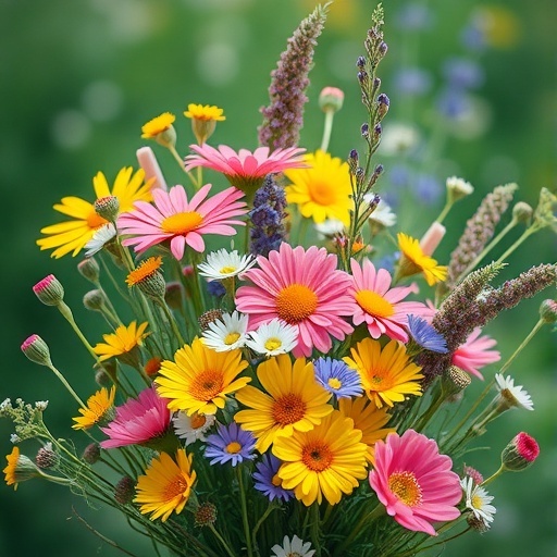 A vibrant bouquet of wildflowers featuring daisies, yellow and pink flowers with greenery.
