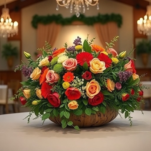 A beautiful arrangement of colorful flowers in a rustic bowl, set on a table with chandeliers and draped fabric in the background.