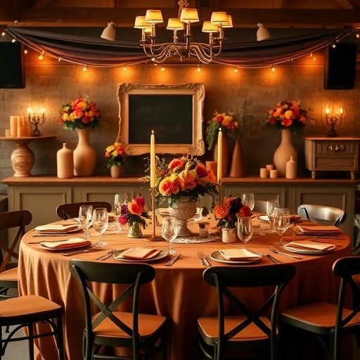 A beautifully set dinner table with a brown and orange color scheme, featuring terracotta decor and floral arrangements.