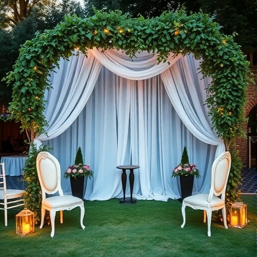 Elegant wedding ceremony backdrop with draped fabric and floral arrangements