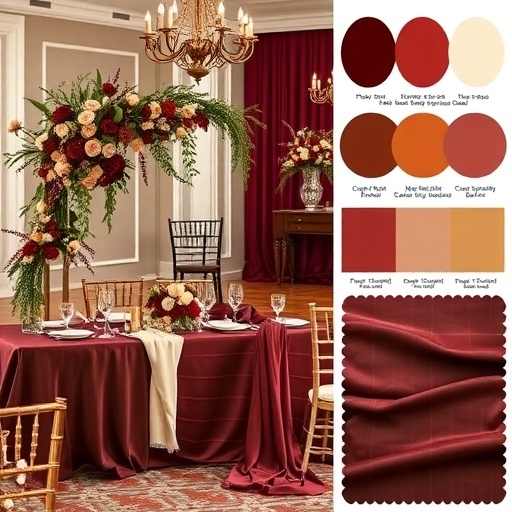 A wedding setup featuring burgundy, cream, and rust colors in decorations and table settings.