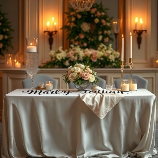 A beautifully decorated sweetheart table featuring a calligraphy name banner.