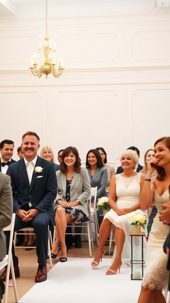 Guests smiling and enjoying a wedding ceremony.