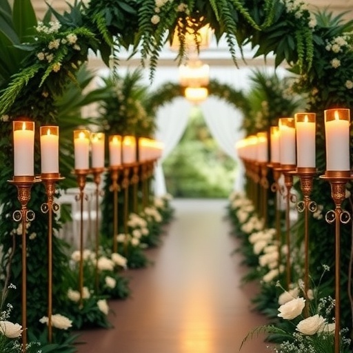 Beautifully arranged candle aisle decor with greenery and floral accents.