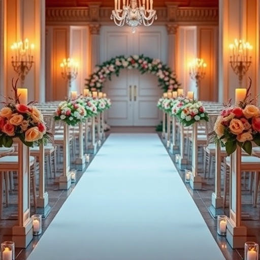 Wedding aisle decorated with candles and flower arrangements.
