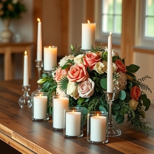 Beautiful candle centerpieces with floral arrangements for weddings.