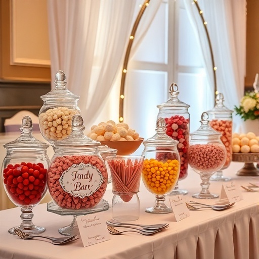 A beautifully arranged candy bar with jars of colorful sweets and a sign saying 'Candy Bar'.