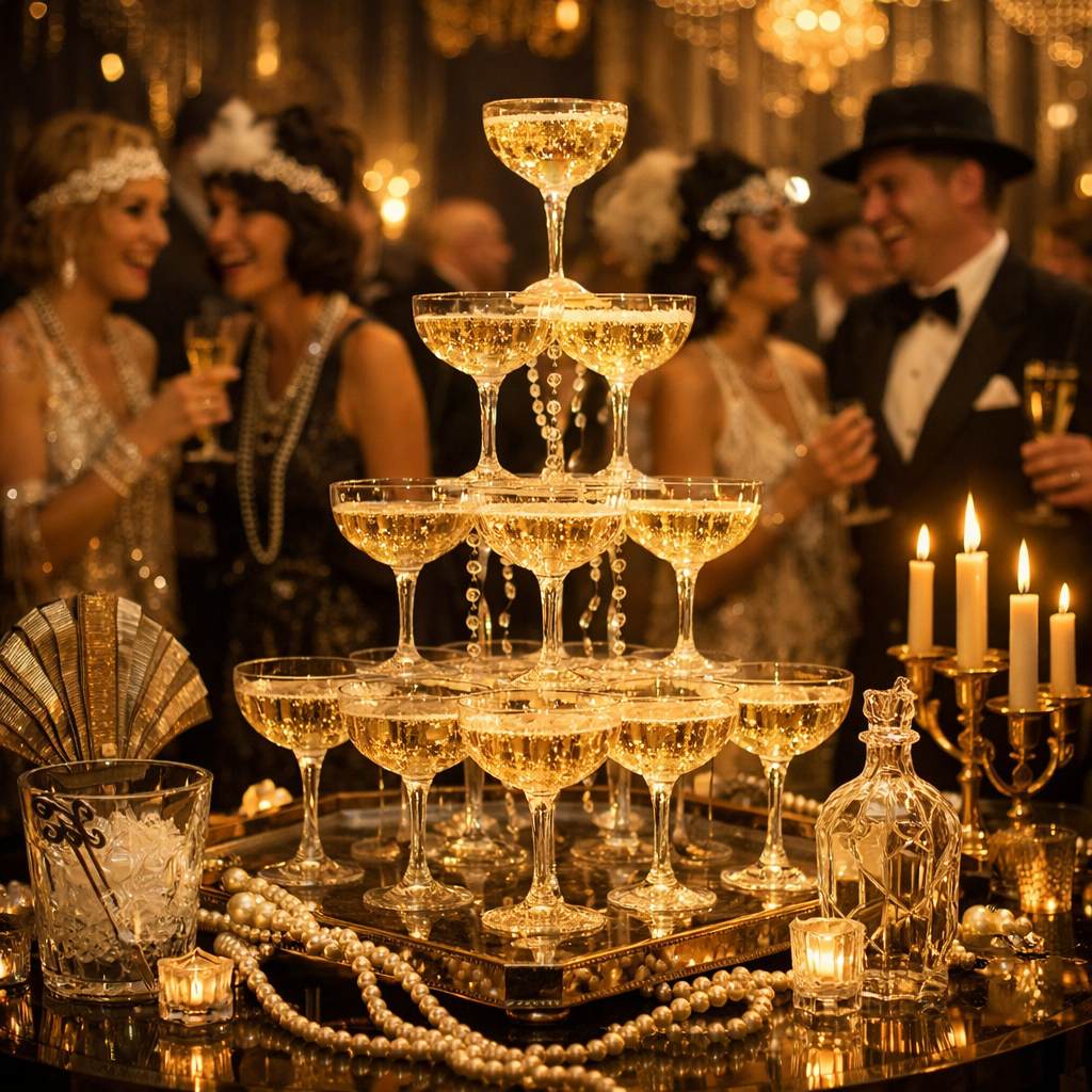 A stunning champagne tower at a glamorous 1920s wedding setting.